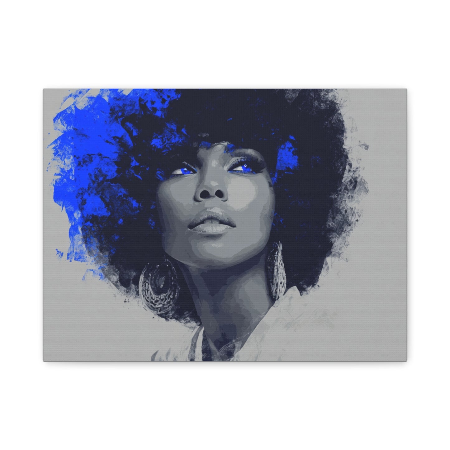 “Electric Grace” Afrocentric Canvas Wall Art | Grayscale Portrait with Cobalt Blue Accents | Matte Finish, Stretched & Ready to Hang