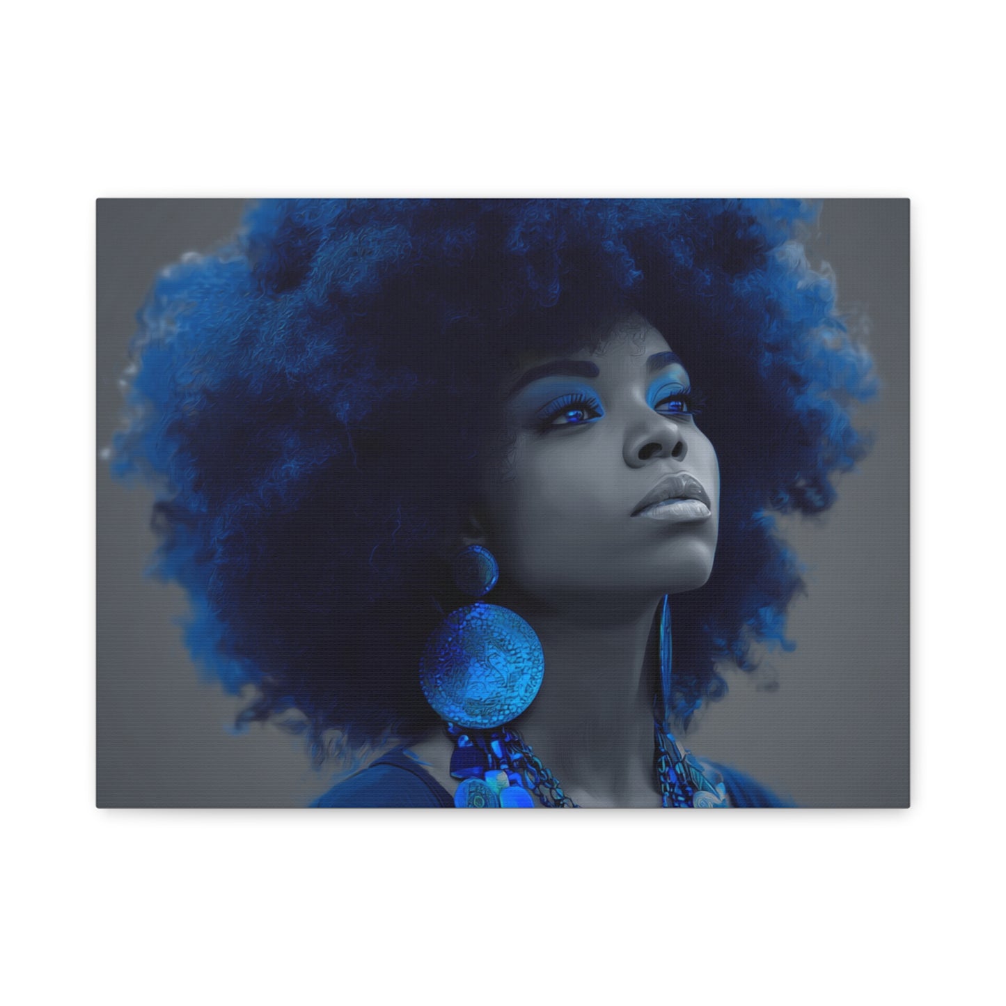 “Storm of Serenity” Afrocentric Canvas Wall Art | Deep Blue & Grayscale Portrait | Matte Finish, Ready to Hang