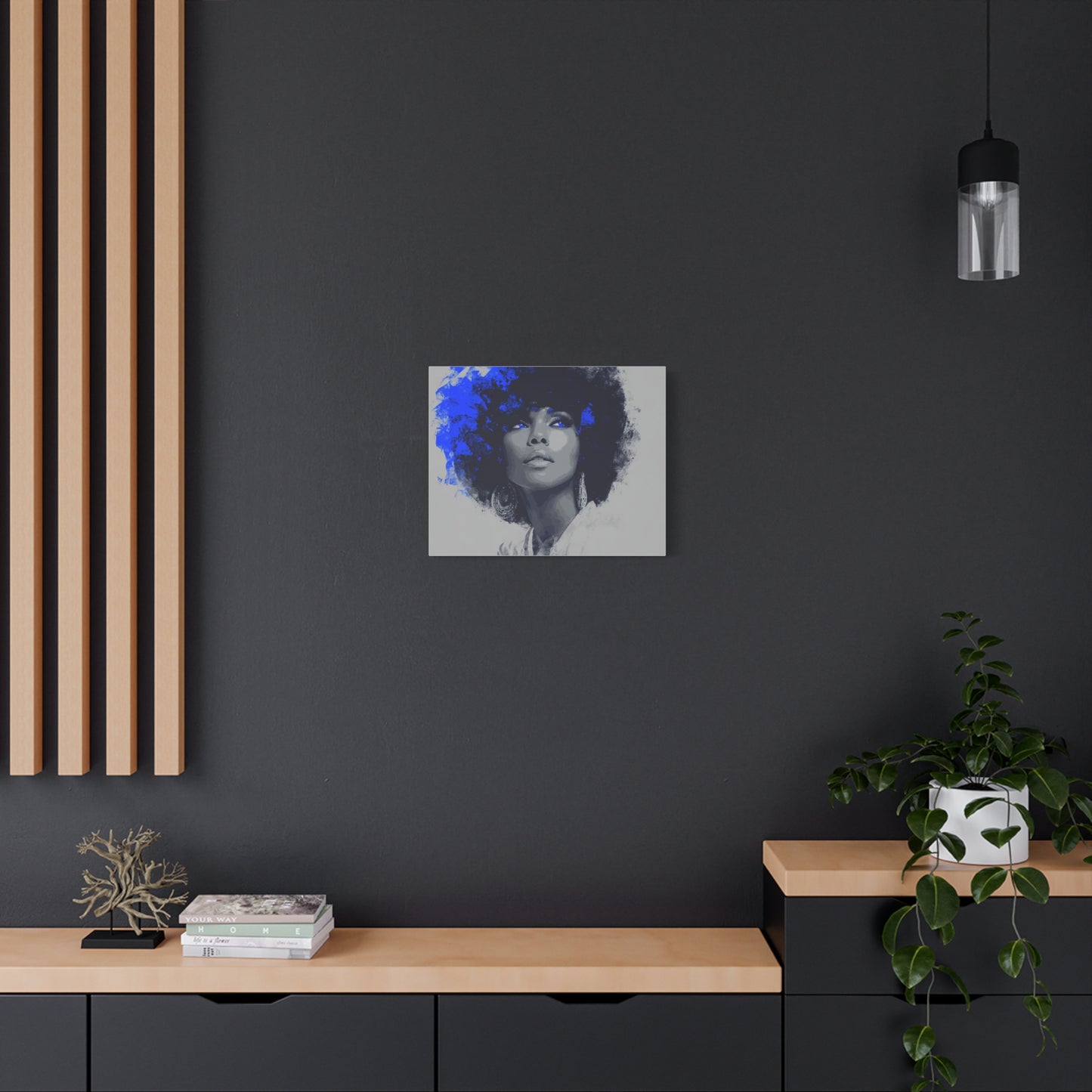 “Electric Grace” Afrocentric Canvas Wall Art | Grayscale Portrait with Cobalt Blue Accents | Matte Finish, Stretched & Ready to Hang