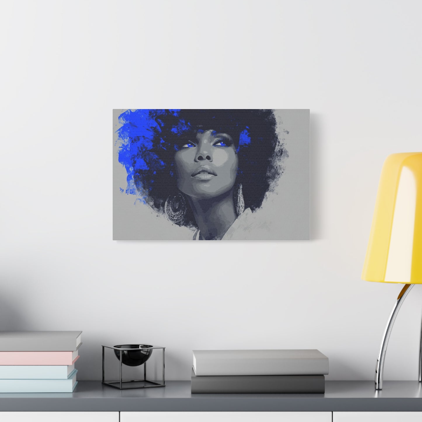 “Electric Grace” Afrocentric Canvas Wall Art | Grayscale Portrait with Cobalt Blue Accents | Matte Finish, Stretched & Ready to Hang
