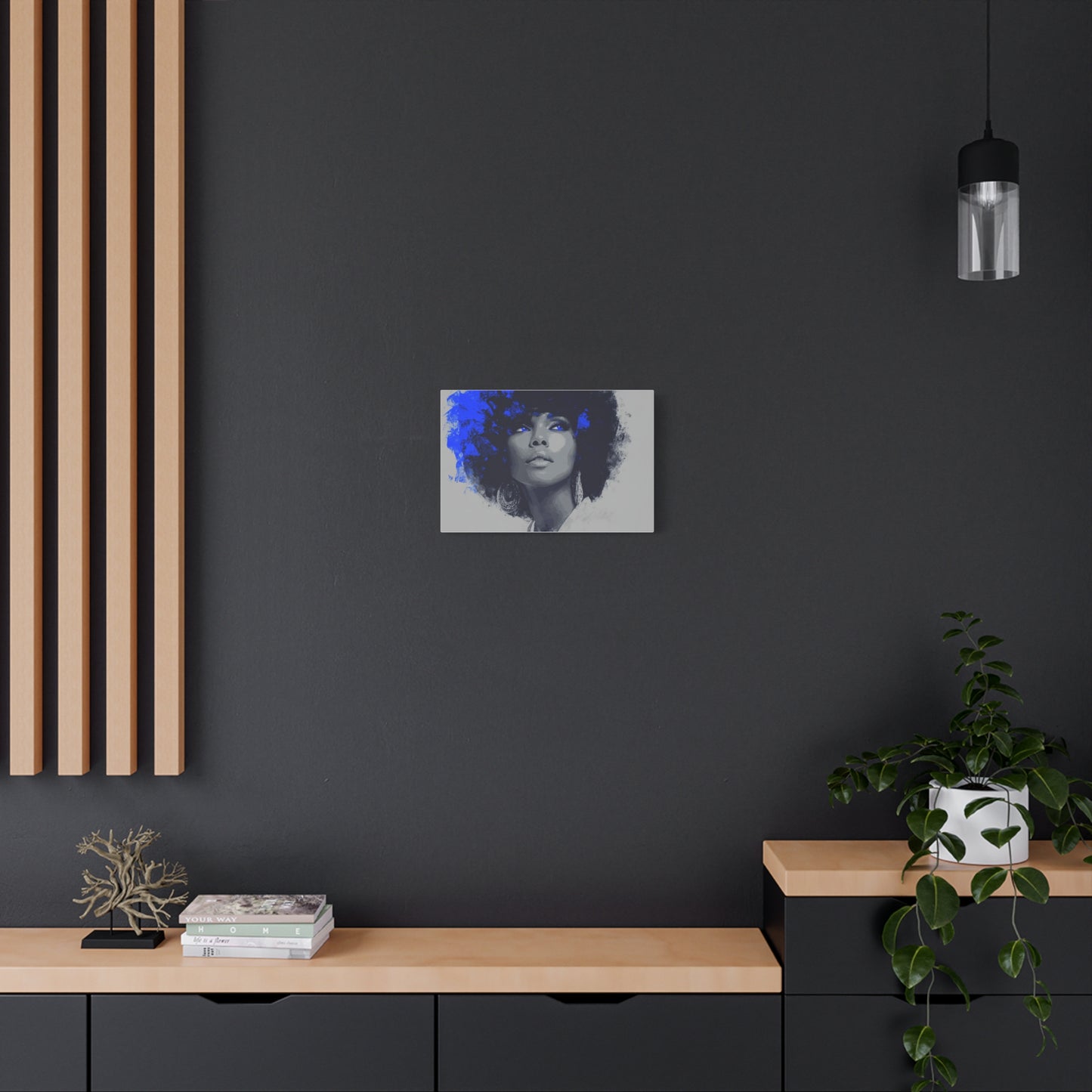 “Electric Grace” Afrocentric Canvas Wall Art | Grayscale Portrait with Cobalt Blue Accents | Matte Finish, Stretched & Ready to Hang