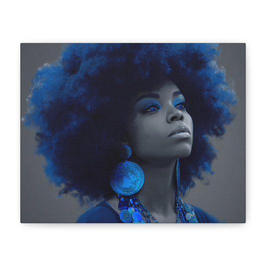 “Storm of Serenity” Afrocentric Canvas Wall Art | Deep Blue & Grayscale Portrait | Matte Finish, Ready to Hang
